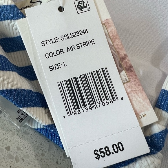 Jessica Simpson blue white metallic stripe lickety-split high neck halter swim - Picture 9 of 11